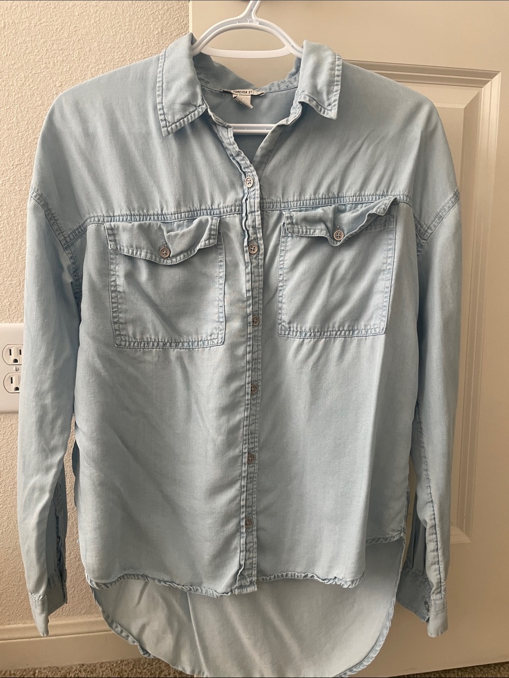 Forever 21 Light Blue Button-Front Denim-Style Blouse
